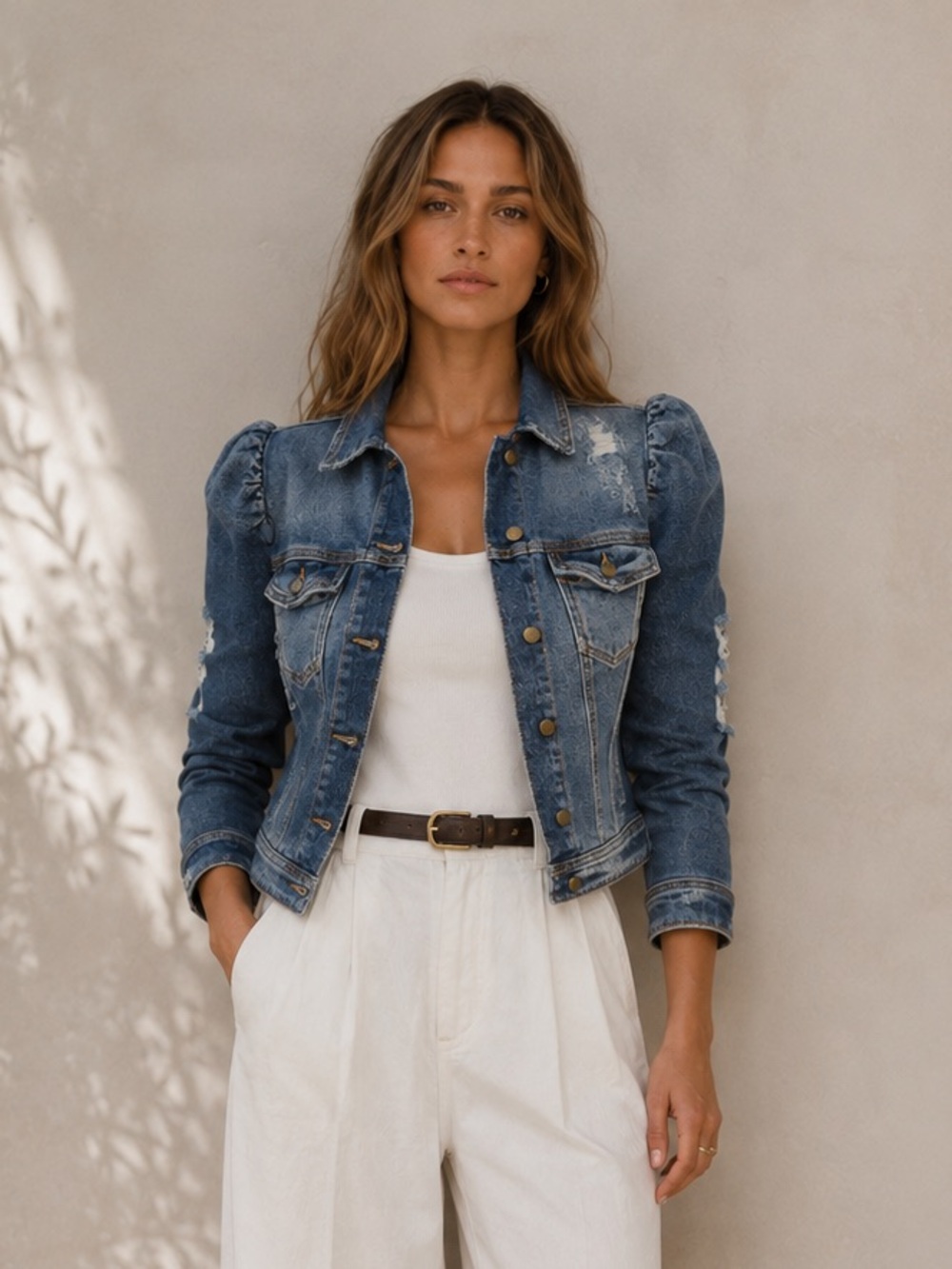 RetroFête Ada Worn Vintage Blue Puff Sleeve Denim Jacket